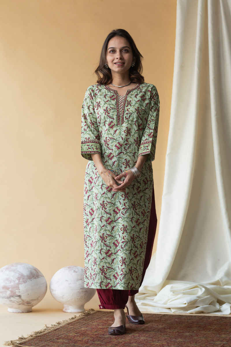 Image for Kusvaa Wsr136 Swamp Green Block Print Straight Fit Kurta Front