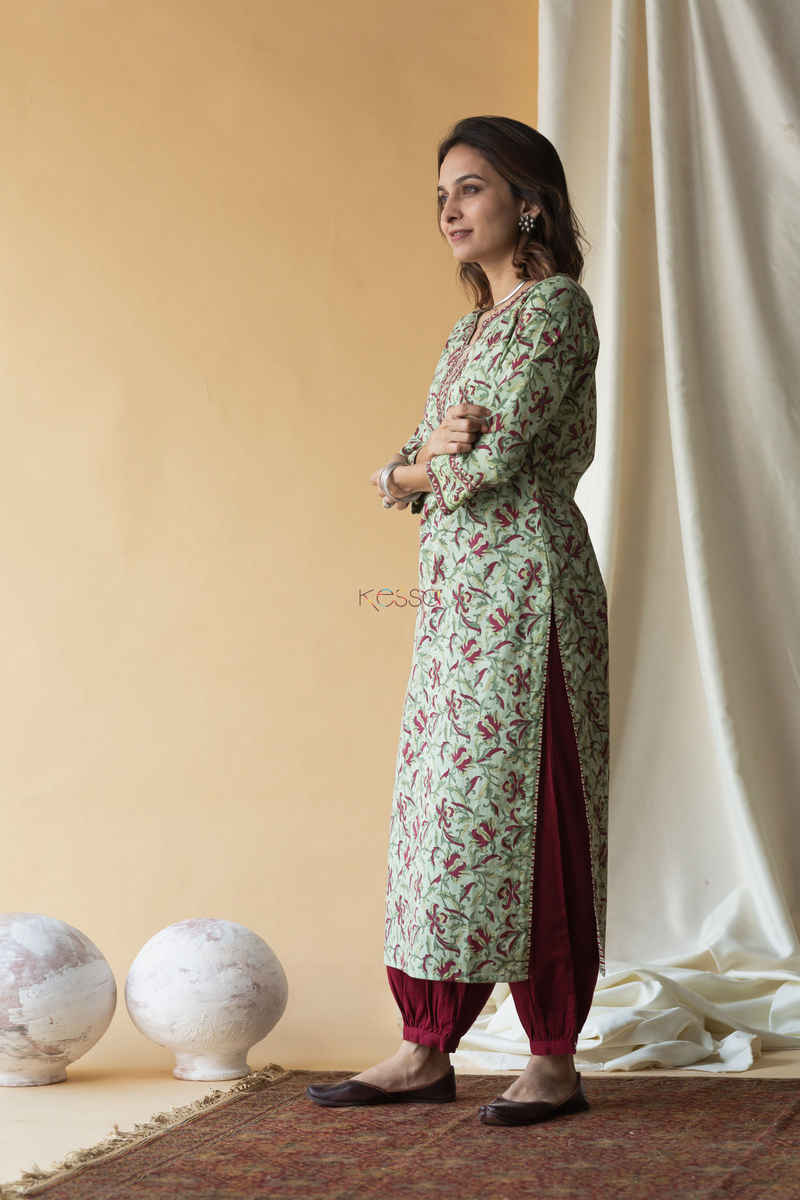 Image for Kusvaa Wsr136 Swamp Green Block Print Straight Fit Kurta Side
