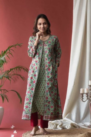 Image for Kusvaa Wsr140 Fringy Flower Green Block Print A Line Kurta Featured