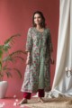 Image for Kusvaa Wsr140 Fringy Flower Green Block Print A Line Kurta Front