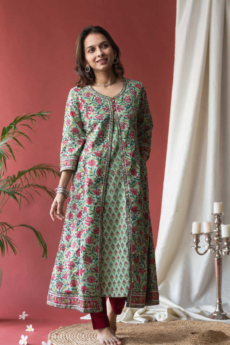 Image for Kusvaa Wsr140 Fringy Flower Green Block Print A Line Kurta Look