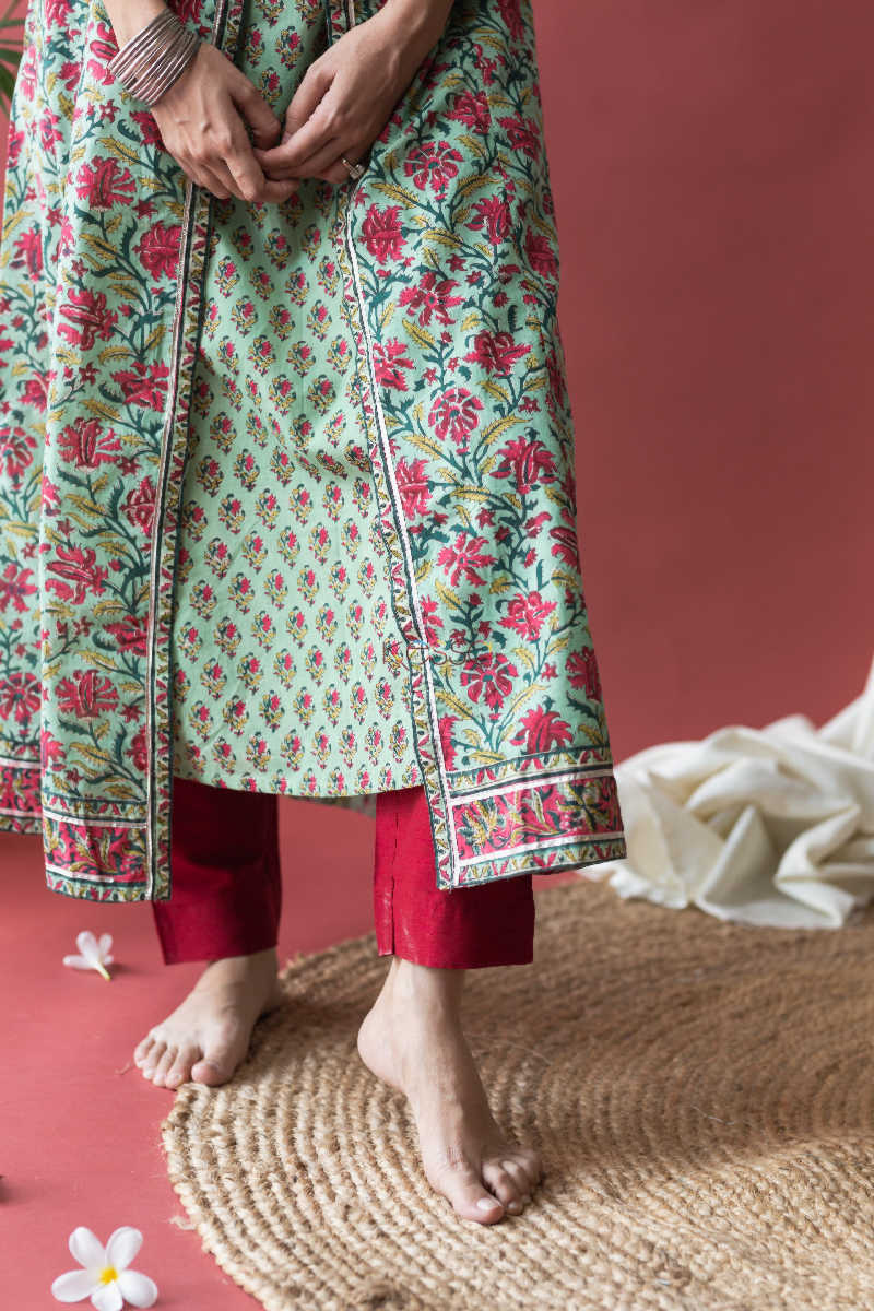 Image for Kusvaa Wsr140 Fringy Flower Green Block Print A Line Kurta Lower 1