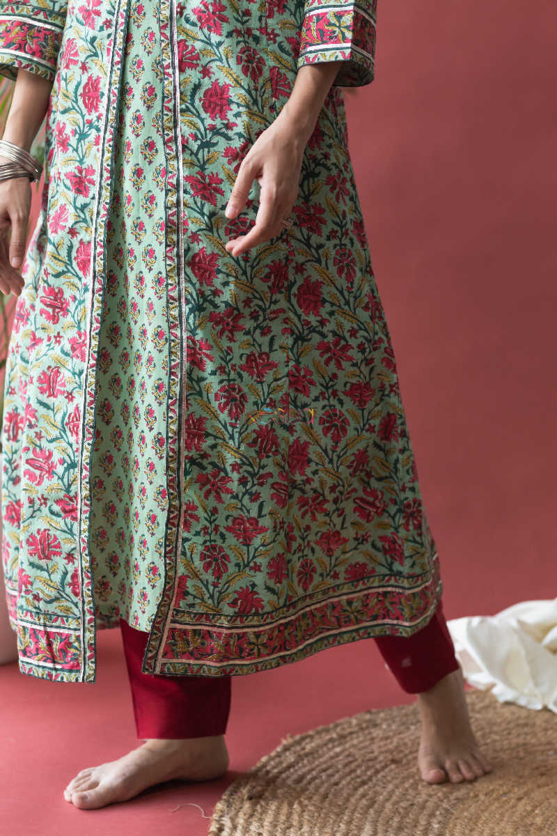 Image for Kusvaa Wsr140 Fringy Flower Green Block Print A Line Kurta Lower