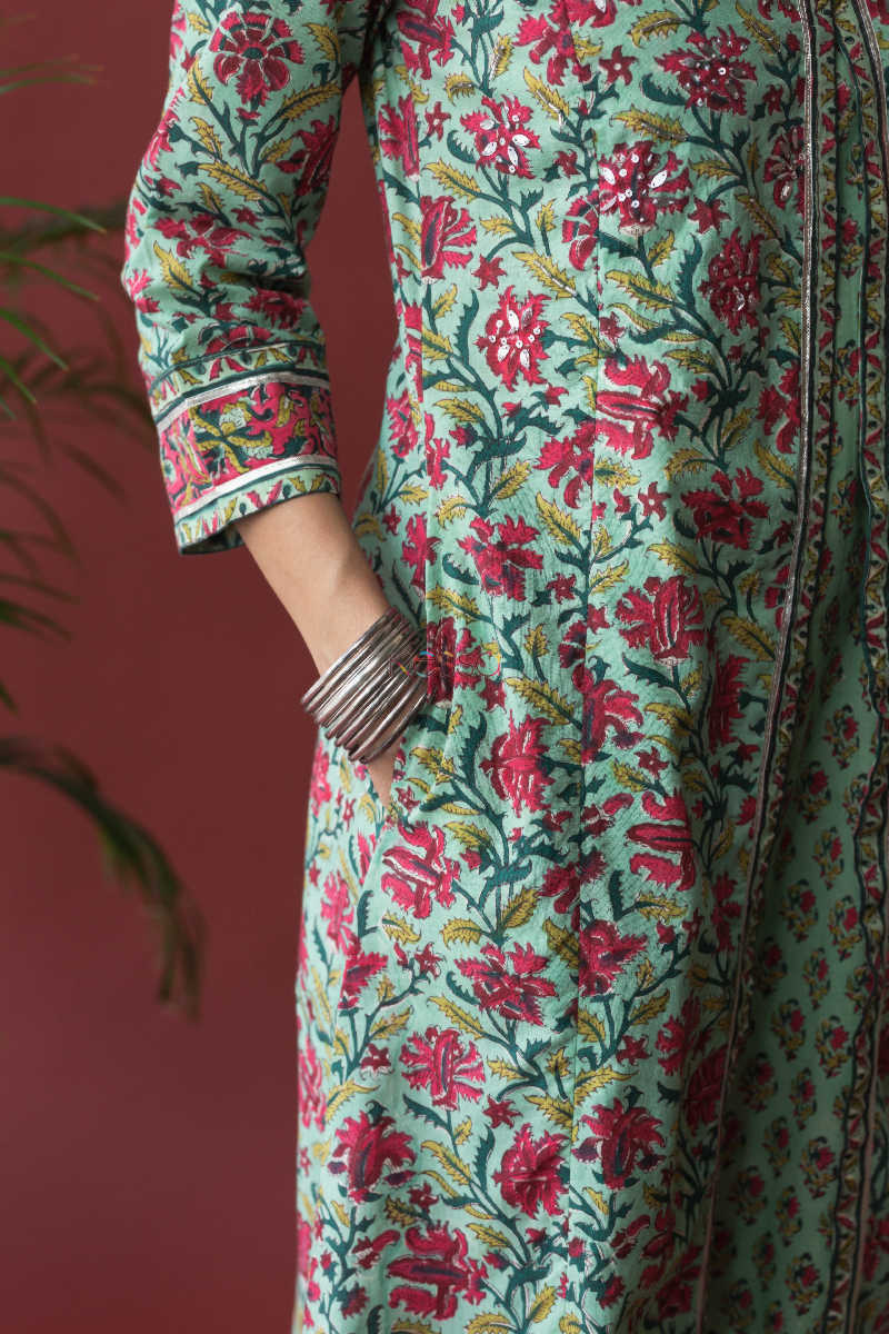Image for Kusvaa Wsr140 Fringy Flower Green Block Print A Line Kurta Pocket