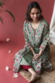 Image for Kusvaa Wsr140 Fringy Flower Green Block Print A Line Kurta Sitting