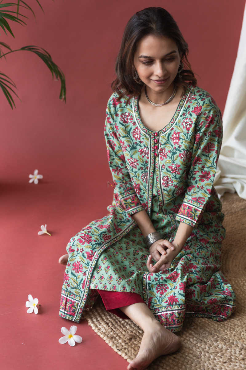 Image for Kusvaa Wsr140 Fringy Flower Green Block Print A Line Kurta Sitting