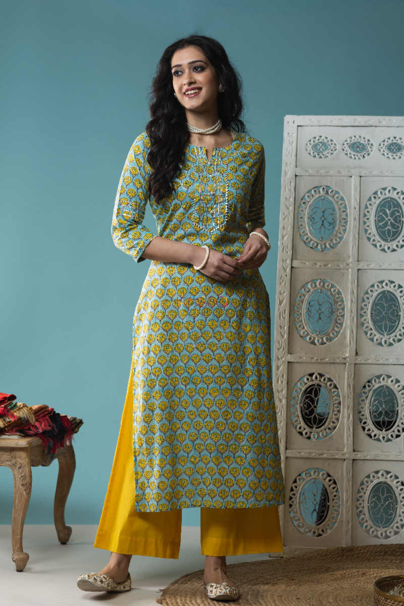 Image for Kusvaa Wsr141 Sahara Yellow And Blue Block Print Straight Fit Kurta 1 Featured
