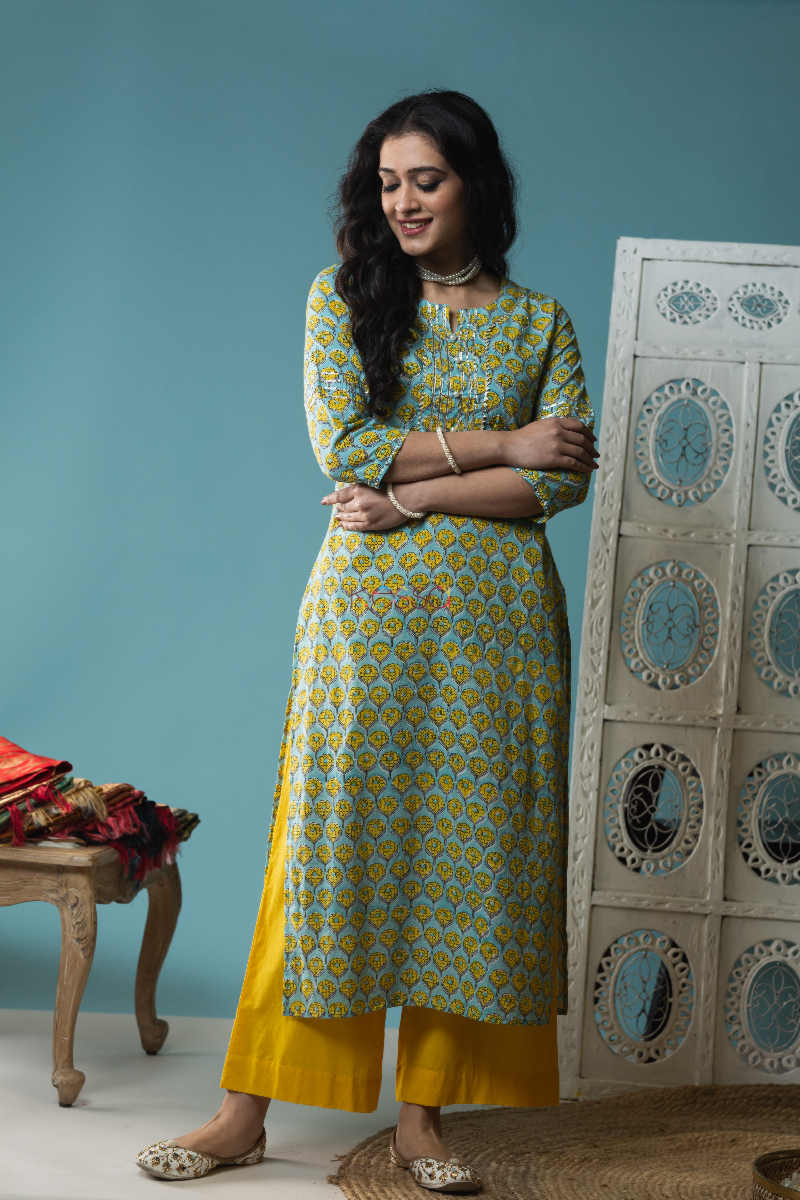 Image for Kusvaa Wsr141 Sahara Yellow And Blue Block Print Straight Fit Kurta 1 Front
