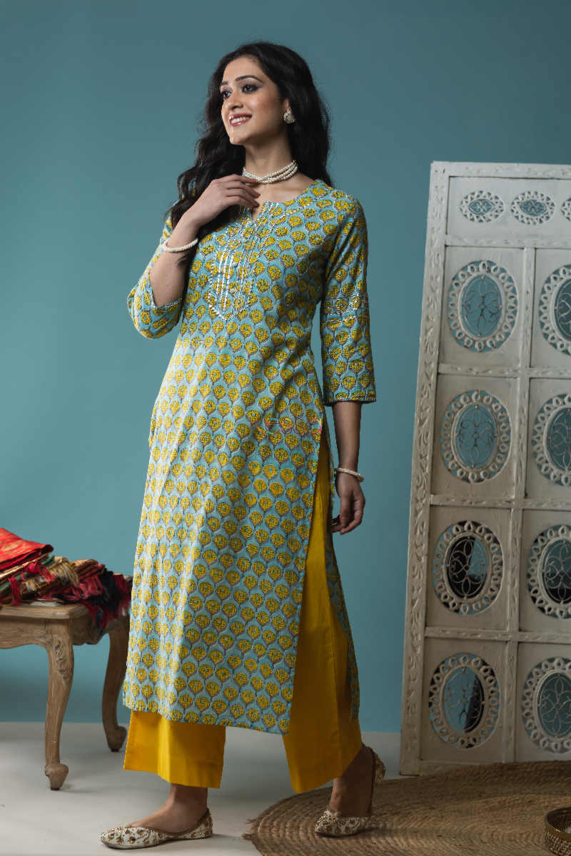 Image for Kusvaa Wsr141 Sahara Yellow And Blue Block Print Straight Fit Kurta 1 Look