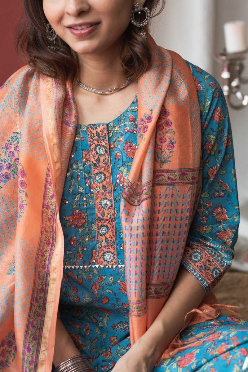 Image for Kusvaa Wsr142 Fountain Blue A Line Kurta Dupatta Set Closeup 1