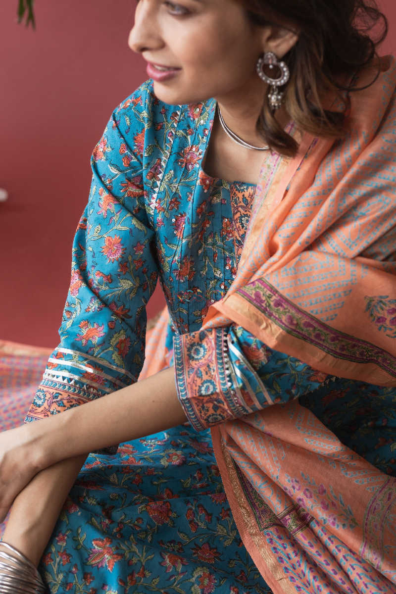 Image for Kusvaa Wsr142 Fountain Blue A Line Kurta Dupatta Set Closeup