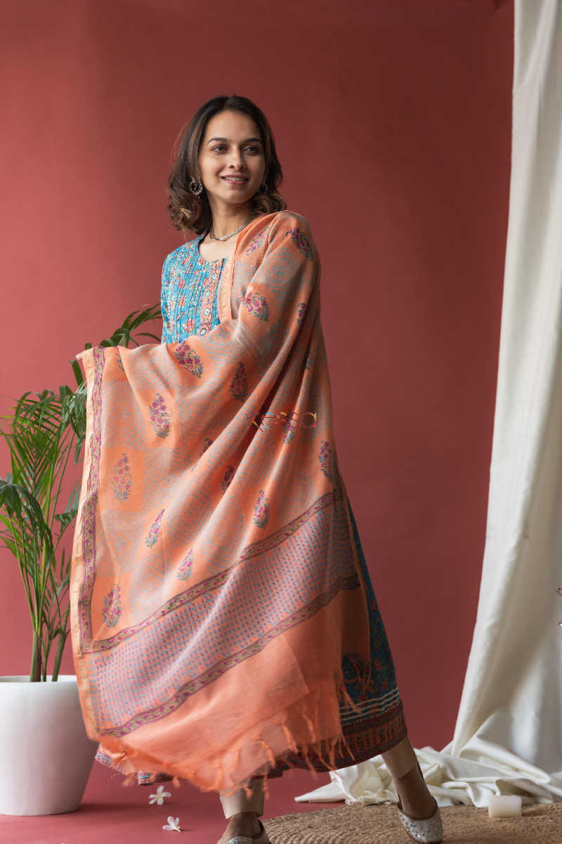 Image for Kusvaa Wsr142 Fountain Blue A Line Kurta Dupatta Set Dupatta
