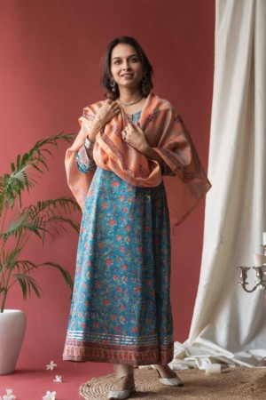 Image for Kusvaa Wsr142 Fountain Blue A Line Kurta Dupatta Set Featured