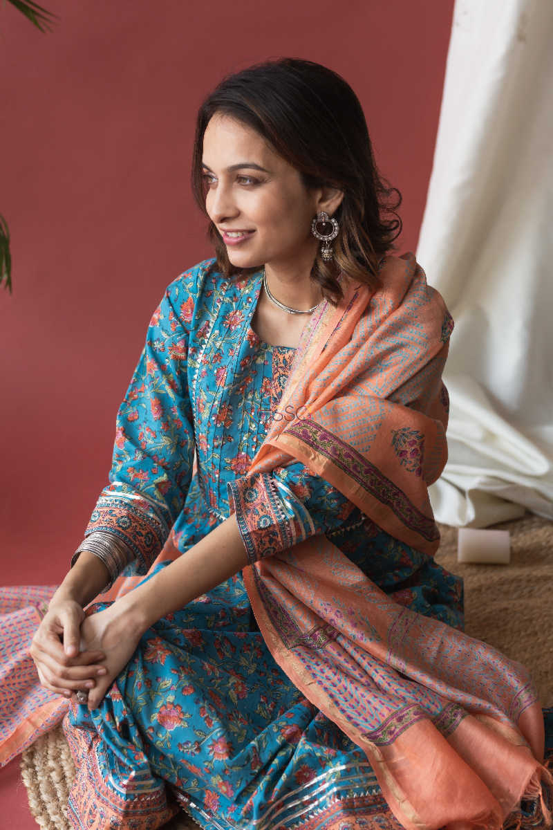Image for Kusvaa Wsr142 Fountain Blue A Line Kurta Dupatta Set Sitting