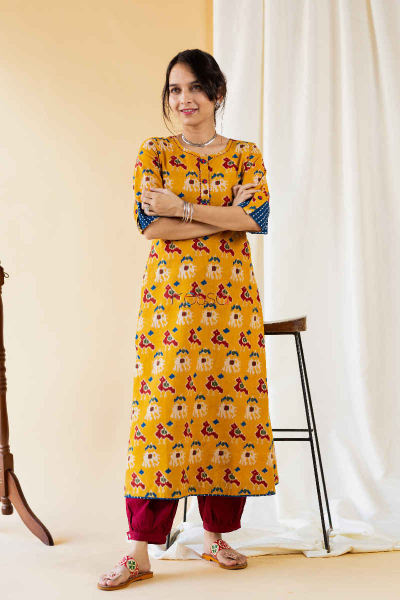 Image for Tangerine Rosewood Kalamkari Kurta Fold