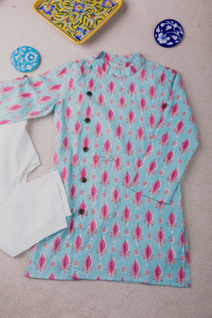 Image for Kusvaa Aj16 Casper Blue And Pink Boys Kurta Pant Set Featured