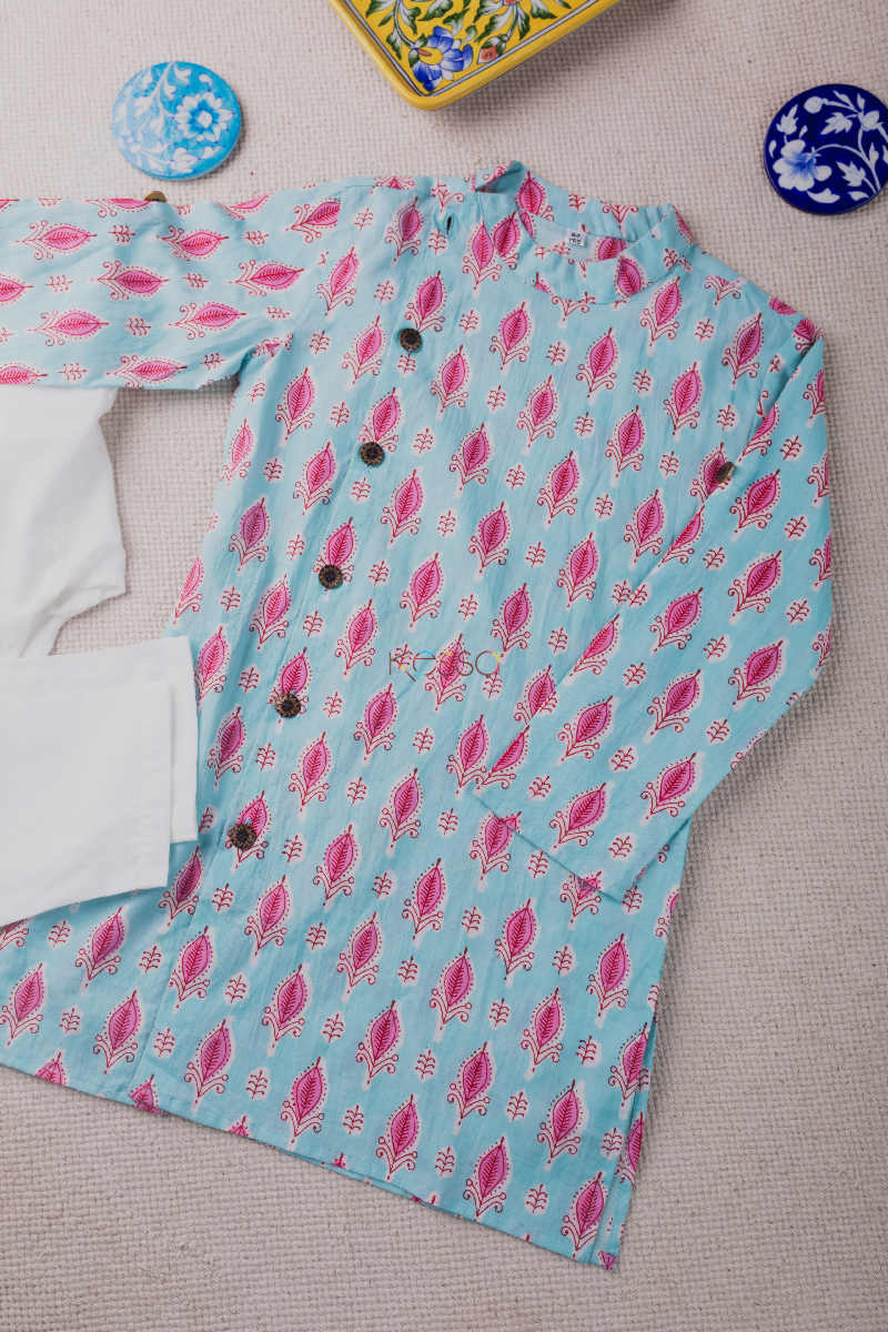 Image for Kusvaa Aj16 Casper Blue And Pink Boys Kurta Pant Set Look