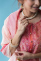 Image for Kusvaa Snkurta03 Salmon Pink Chanderi Kurta Dupatta Set Closeup