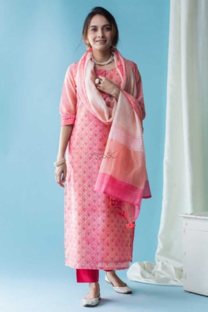 Image for Kusvaa Snkurta03 Salmon Pink Chanderi Kurta Dupatta Set Featured