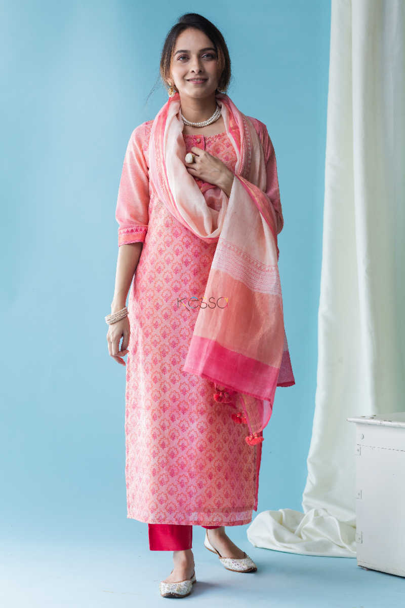 Image for Kusvaa Snkurta03 Salmon Pink Chanderi Kurta Dupatta Set Featured