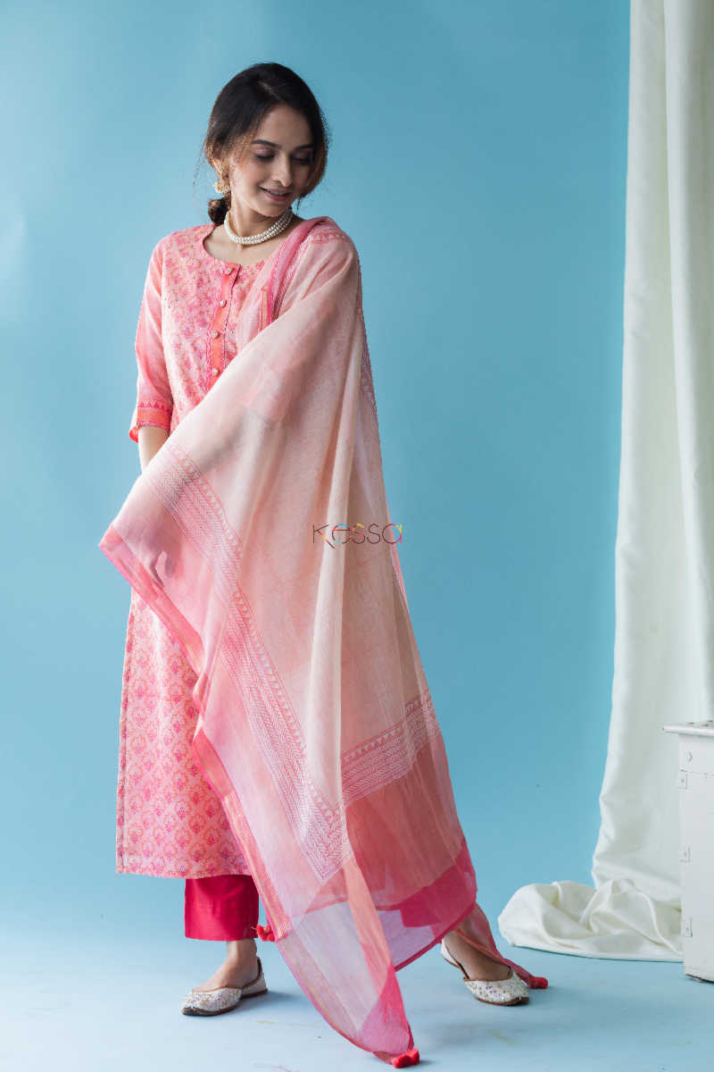 Image for Kusvaa Snkurta03 Salmon Pink Chanderi Kurta Dupatta Set Side