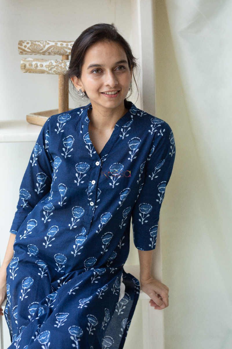 Image for Kusvaa Taf34 Chambray Blue Regular Wear Kurta Sitting