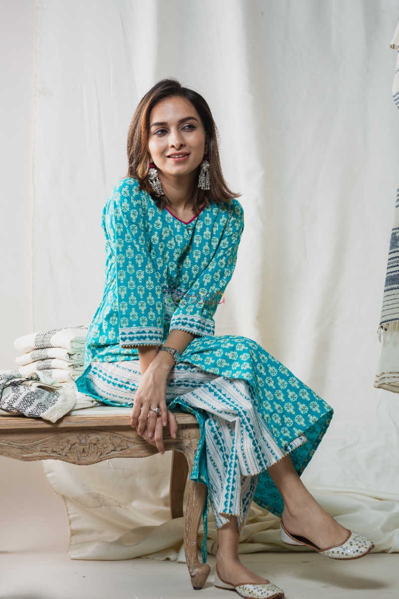 Image for Kusvaa Wa328a Pelorous Blue Kurta Pant Set Look