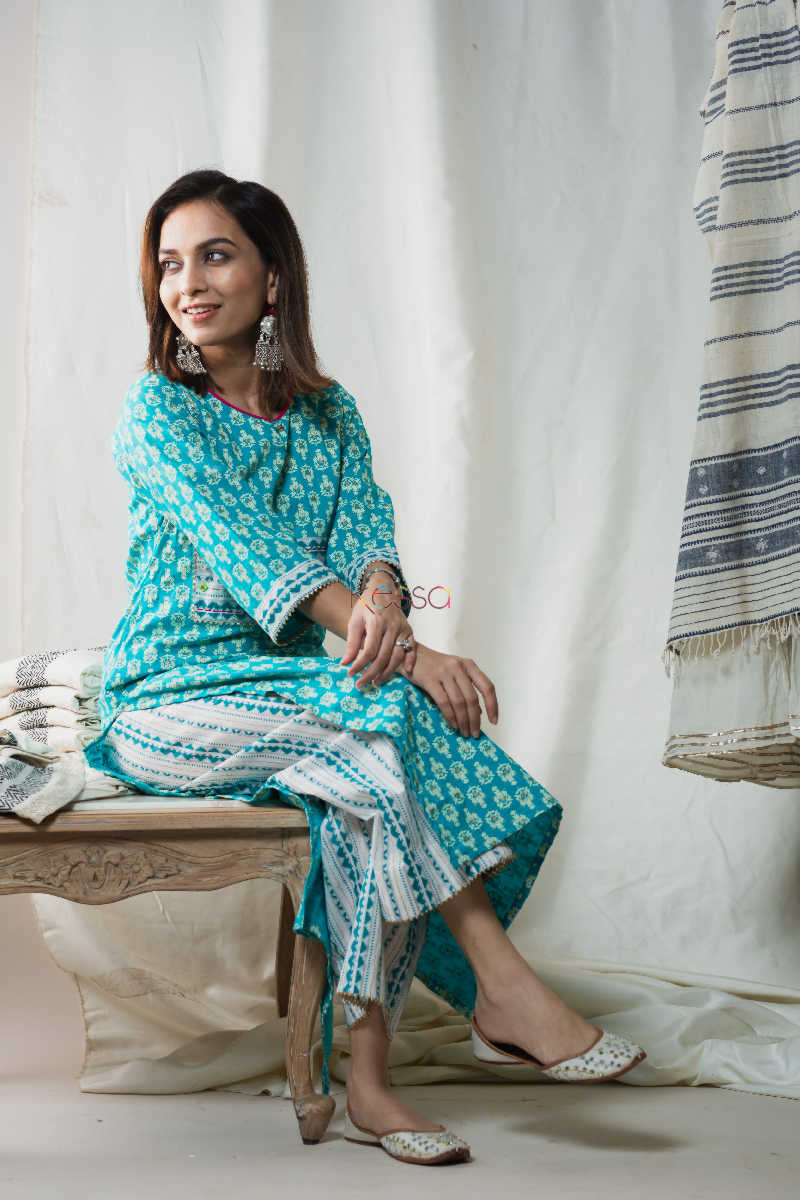 Image for Kusvaa Wa328a Pelorous Blue Kurta Pant Set Side