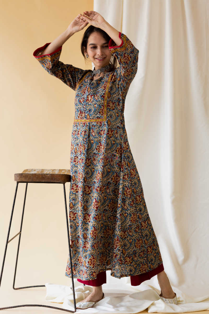 Image for Kusvaa Wa329a Kalamkari Multicolor A Line Kurta Look 1