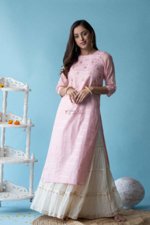 Image for Kusvaa Ws601 Blossom Pink Chanderi Strip Kurta Featured