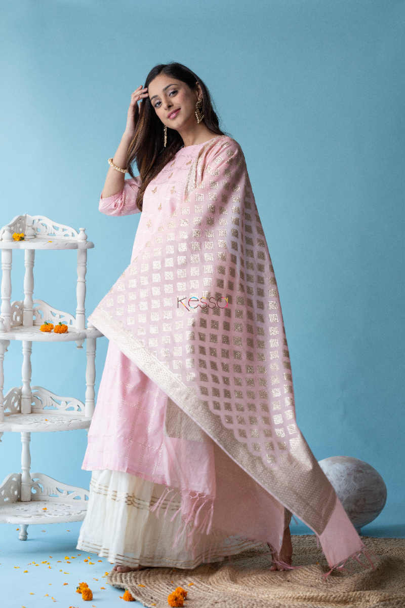 Image for Kusvaa Ws601 Blossom Pink Chanderi Strip Kurta Right Dupatta