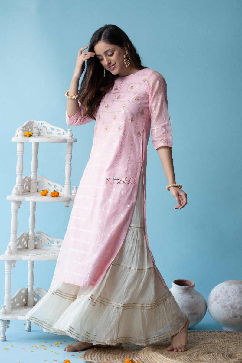 Image for Kusvaa Ws601 Blossom Pink Chanderi Strip Kurta Side 1