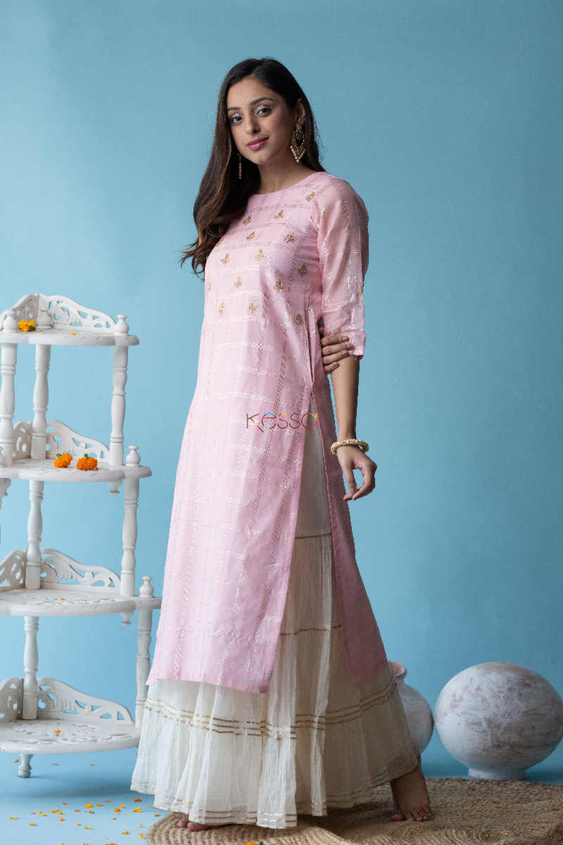 Image for Kusvaa Ws601 Blossom Pink Chanderi Strip Kurta Side