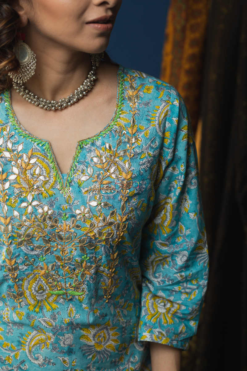 Image for Kusvaa Ws602a Sail Blue Block Print Kurta Closeup