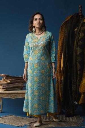 Image for Kusvaa Ws602a Sail Blue Block Print Kurta Featured