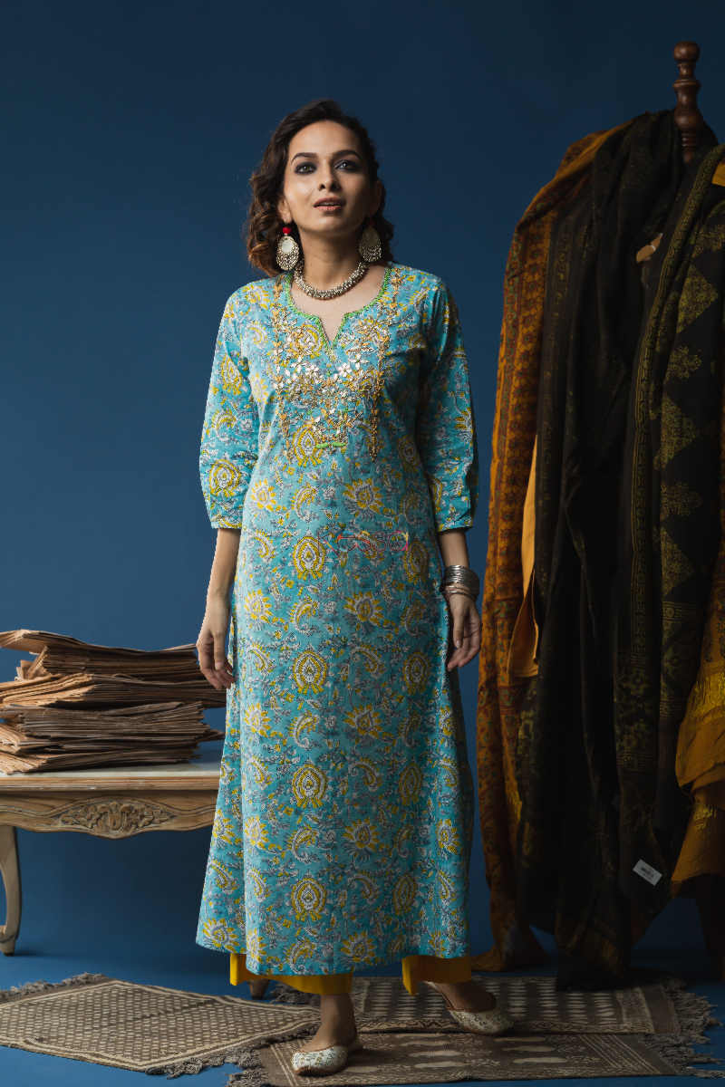 Image for Kusvaa Ws602a Sail Blue Block Print Kurta Featured