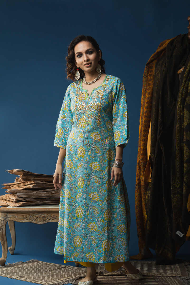 Image for Kusvaa Ws602a Sail Blue Block Print Kurta Front