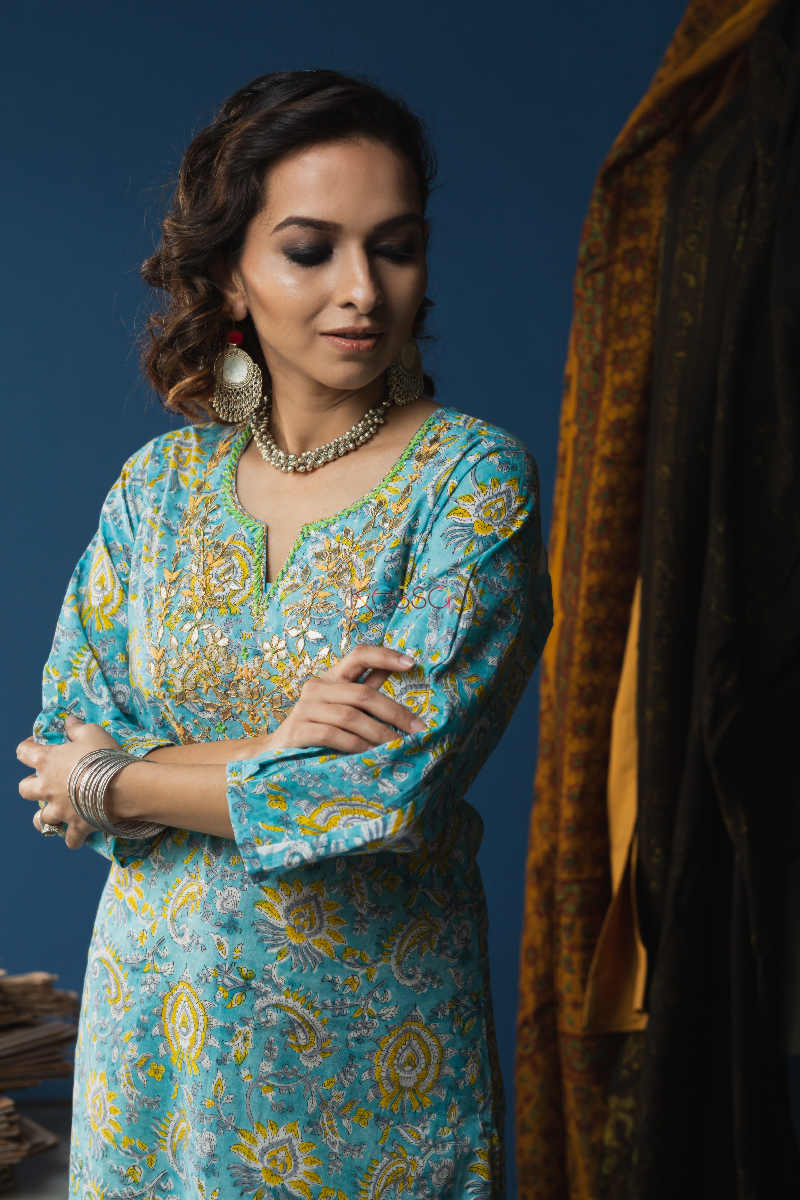 Image for Kusvaa Ws602a Sail Blue Block Print Kurta Look