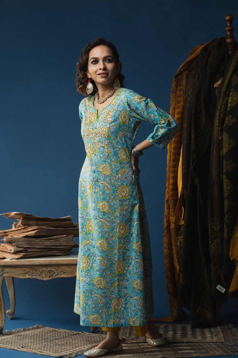Image for Kusvaa Ws602a Sail Blue Block Print Kurta Side