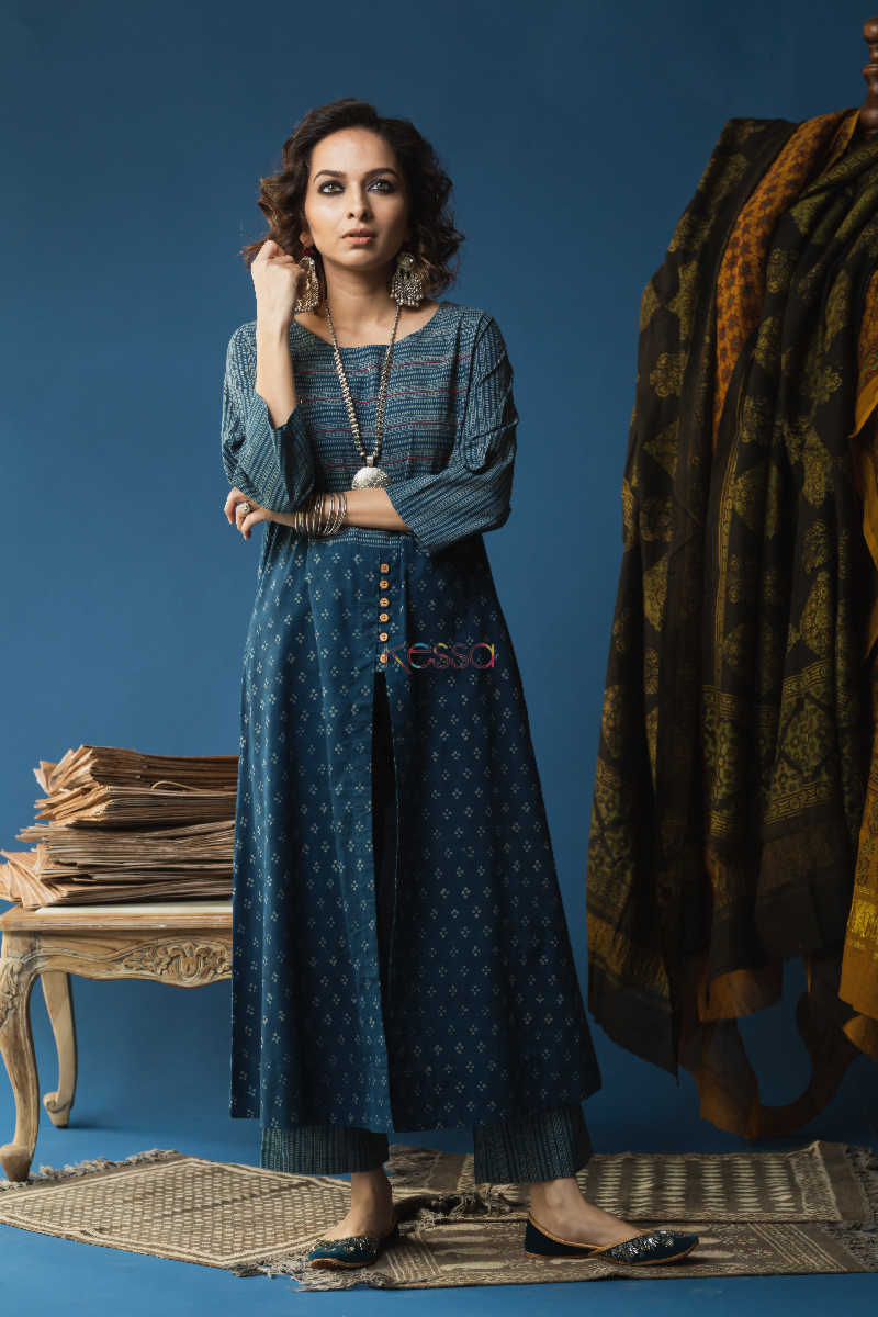Image for Kusvaa Wsr128a Nandor Indigo A Line Kurta Pant Set Front 1