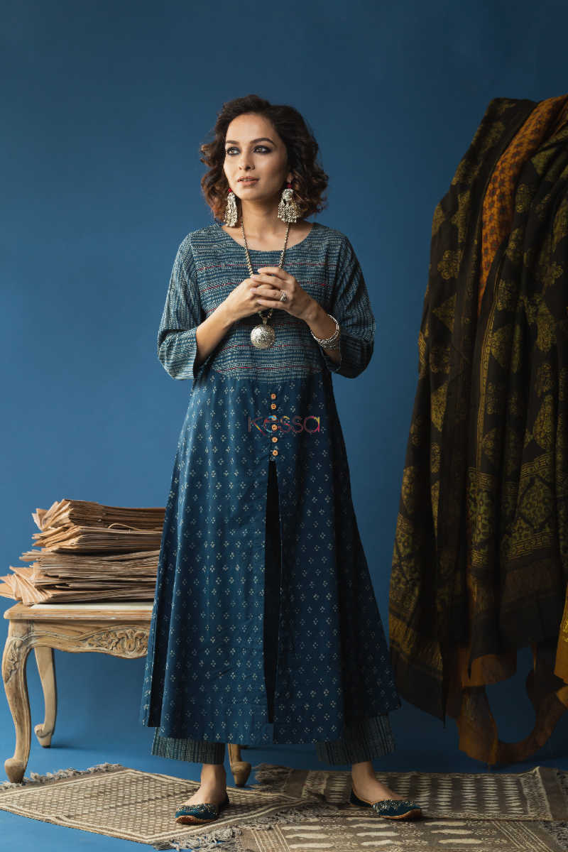 Image for Kusvaa Wsr128a Nandor Indigo A Line Kurta Pant Set Front