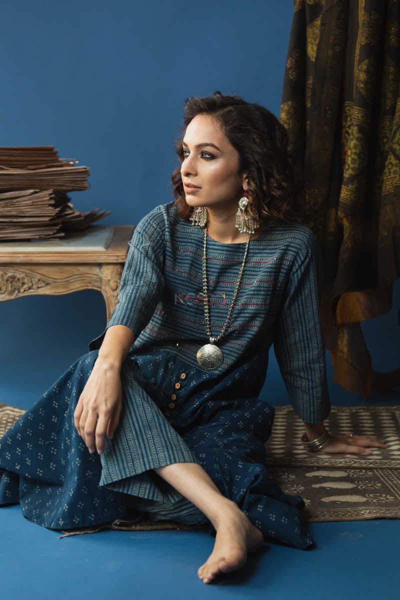 Image for Kusvaa Wsr128a Nandor Indigo A Line Kurta Pant Set Sitting