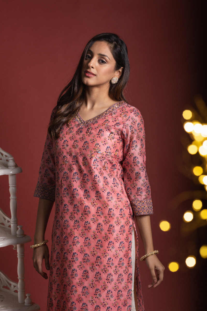 Image for Kusvaa Wsr143 Petite Orchid Chanderi Block Print Kurta Front