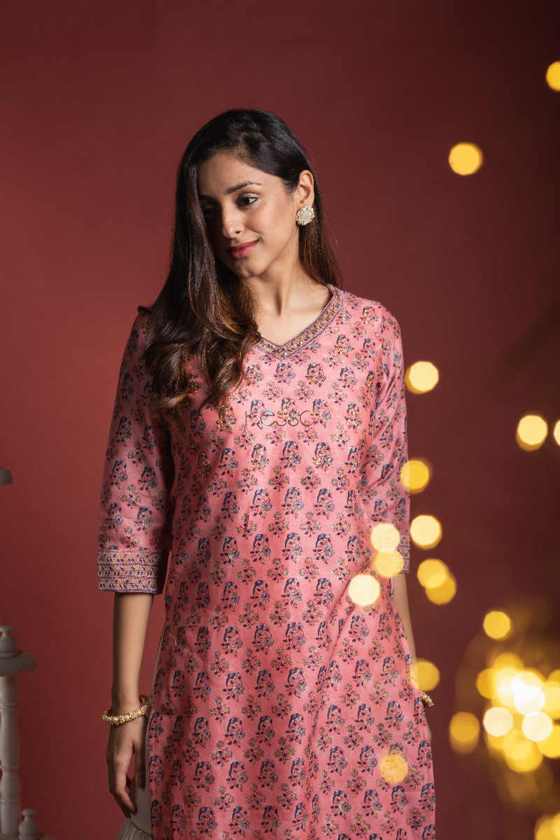 Image for Kusvaa Wsr143 Petite Orchid Chanderi Block Print Kurta Look
