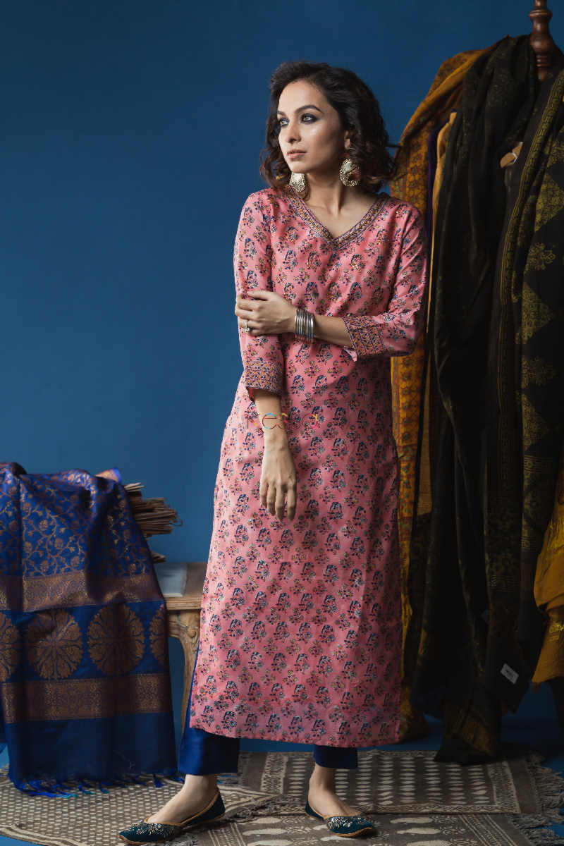 Image for Kusvaa Wsr143a Petite Orchid Chanderi Block Print Kurta Featured