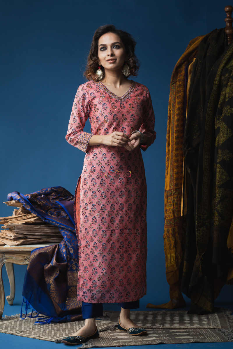 Image for Kusvaa Wsr143a Petite Orchid Chanderi Block Print Kurta Front 2