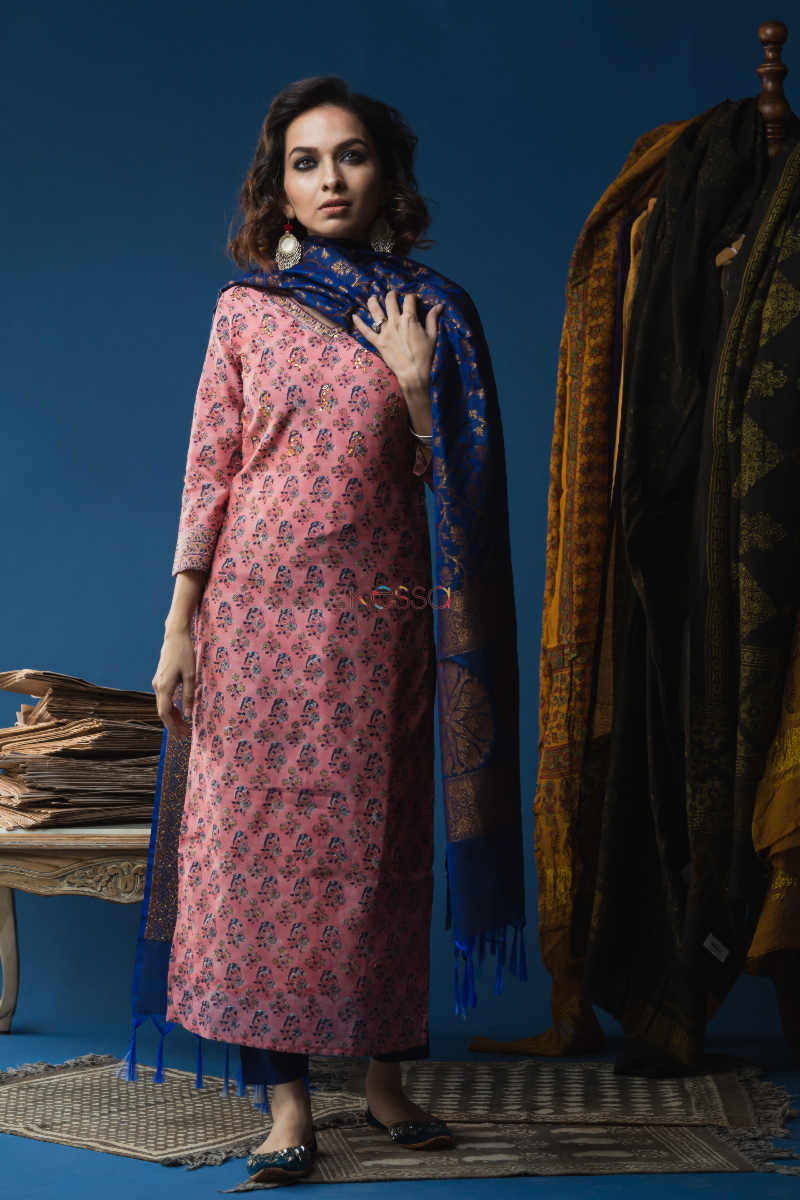 Image for Kusvaa Wsr143a Petite Orchid Chanderi Block Print Kurta Front