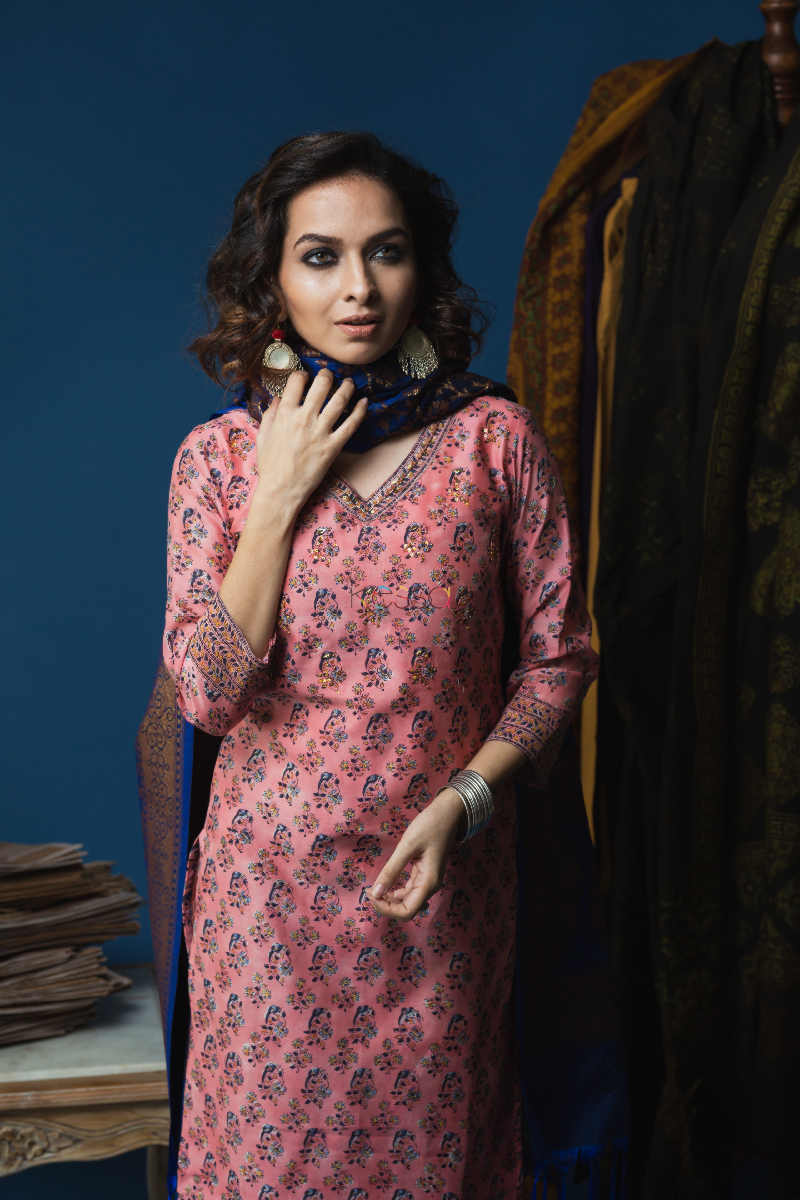 Image for Kusvaa Wsr143a Petite Orchid Chanderi Block Print Kurta Look 1