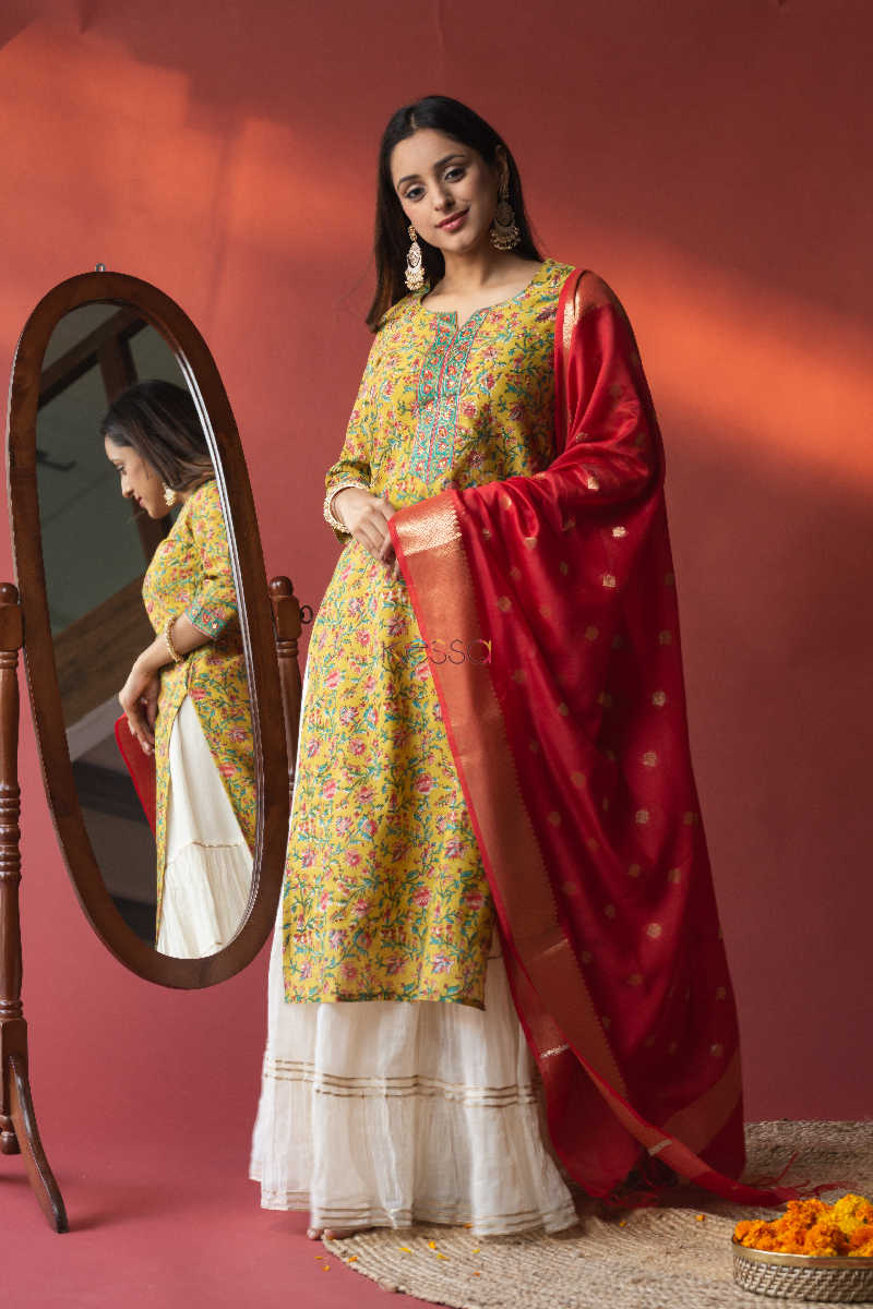 Image for Kusvaa Wsr144 Turmeric Yellow Chanderi Kurta Side 1