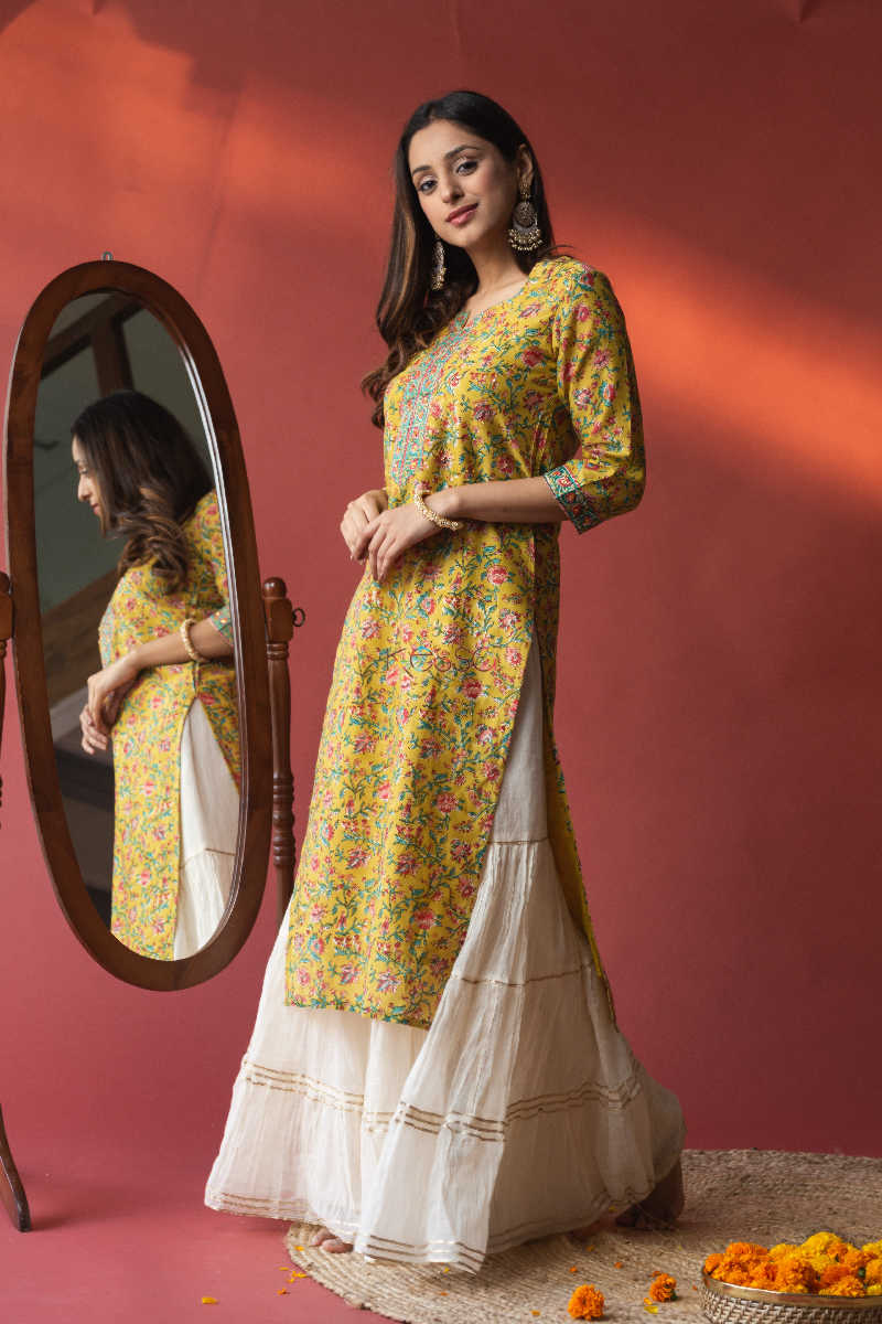 Image for Kusvaa Wsr144 Turmeric Yellow Chanderi Kurta Side
